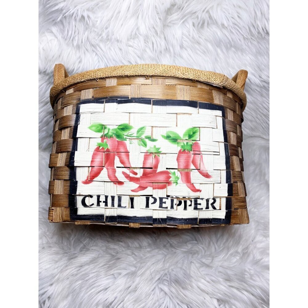 WOODEN CHILI PEPPER KITCHEN COTTAGE FARMHOUSE STORAGE BASKET, 16 x‎ 13.5 x 9